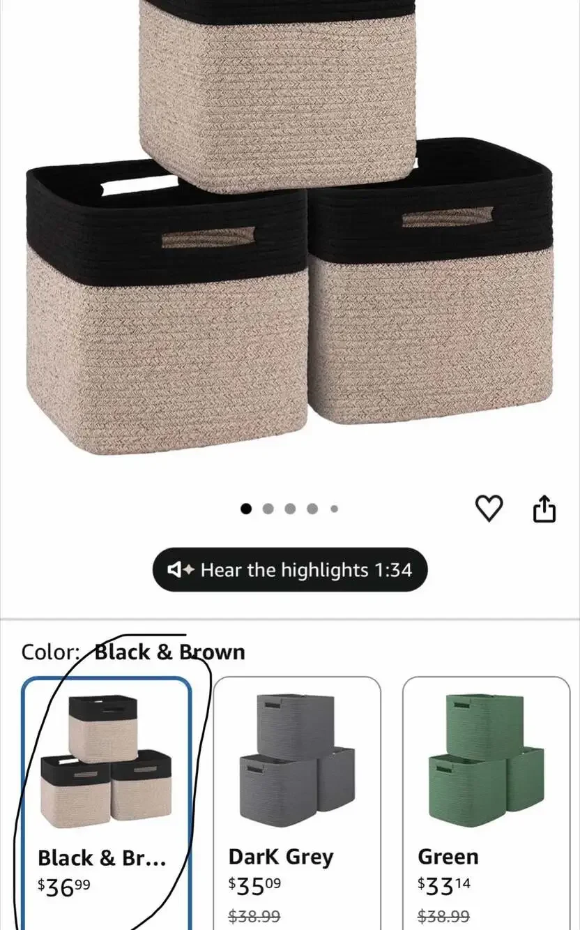 11-Inch Woven Cotton Rope Cube Storage Basket, 3-Pack, Black & Brown